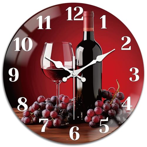 Wine Glass Wall Clocks Battery Operated, 12" Round Clock | Non Ticking Decorative Clock, Ocean Pattern Glass Design for Living Room, Kitchen, Bedroom & Bathroom Decor - style: Wine Glass