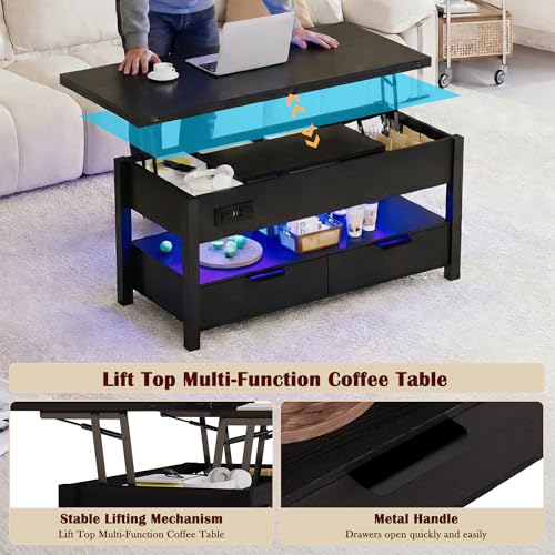 40" Lift Top Smart Coffee Table for Living Room | Power Outlets, LED Lights, Lifting Top, Storage Drawers & Compartments, for 4-6 People, Black - color: Black