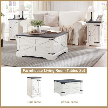 Farmhouse 17" Nightstand with Charging Station, White | Rectangular/ Rustic End Table with Barn Door /Adjustable Shelf/ Wood Sofa Side Table/ for Living Room, Bedroom - color: White Color