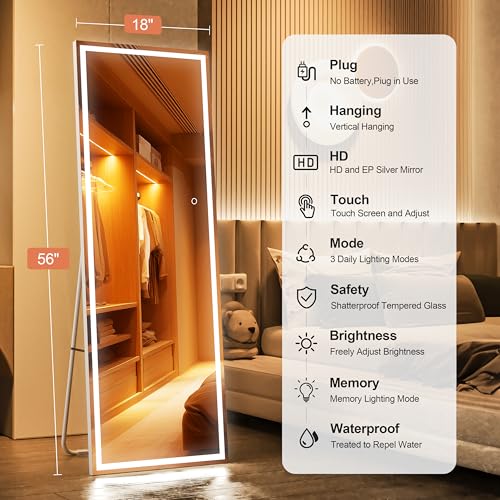 Full Length Mirror with Lights, 56" x 18" LED Lighted Floor Standing Body Mirror, Dimmable & 3 Color Lighting for Bedroom, Cloakroom, Dressing Room, Tempered Glass, Square White - color: White, size: 56"L x 18"W