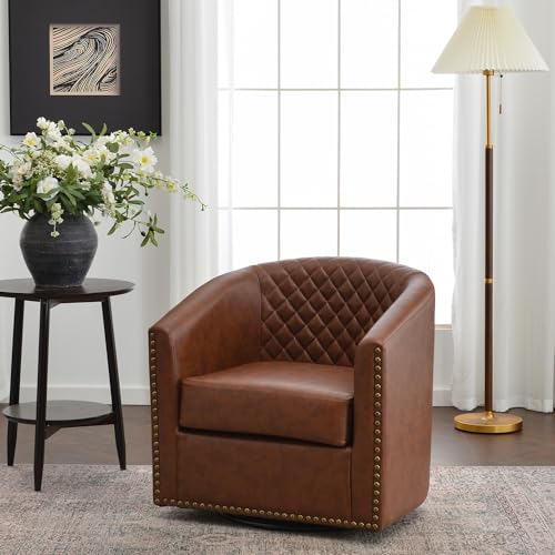 KINWELL 29" W Faux Leather Tufted PU Swivel Barrel Accent Chair, Brown | No Assembly Vegan Leather Upholstered Swivel Club Chair with Nailhead Trim, Modern Armchair for Small Spaces Apartment - color: Saddle Brown, style: Set of 1