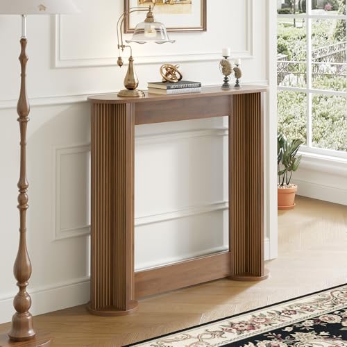 35 Inch Small Narrow Console Table Behind Couch, Mid-Century Modern Fluted Skinny Entryway Table, Slim Sofa Table for Hallway, Living Room, Wood, Brown, Walnut - color: Walnut-35 Inch