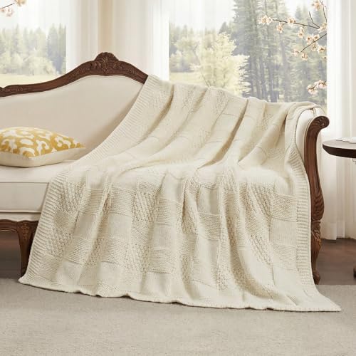 Knit Throw Blanket, Soft Chenille Cozy Breathable Checkered Chunky Decorative Blanket for Couch, Bed & Sofa, French-Inspired Lightweight Warm Gift for Women, Ivory, 50"x60" - color: Checkered Ivory, size: Checkered Knit 50"x60"
