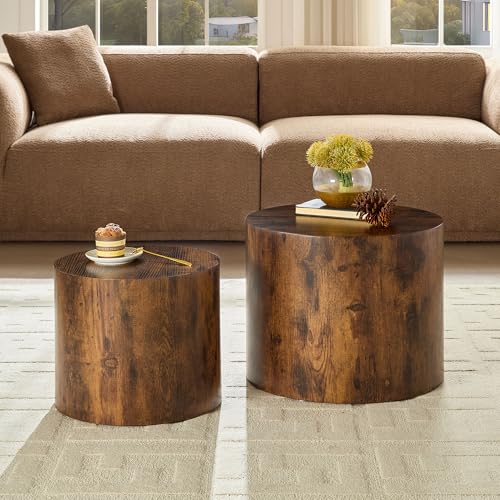 Round Nesting Coffee Table Set of 2 Living Room, No Assembly | Modern Wooden Center Tables, Tea Table for Apartment, Small Circle Accent End Table Set, Dark Brown - color: A-dark Brown