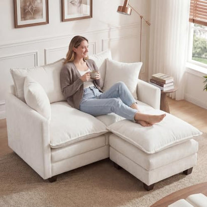 50'' L-Shape Loveseat Sofa with 22" Ottoman, 2 Seat Modern Cloud Couch with 2 Washable Pillows for Small Space Apartment Office Living Room Bedroom, Beige - color: Beige, size: 50"L