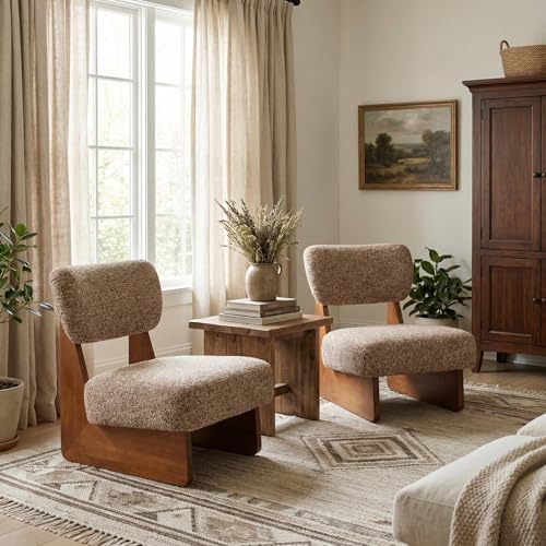 Christopher Knight Home Mores Low Profile Accent Chair Set of 2, Modern Living Room Armless Lounge Chair, Fabric Comfy Reading Chair for Bedroom, Wooden Frame and Thick Padded Seat, Walnut+Multi-Brown - color: Walnut+multi-brown