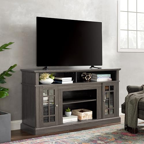Dark Walnut TV Stand 58 in with Glass Doors, Wood Entertainment Center for TVs up to 65 inch, Tall Media Console with Adjustable Shelves and Cable Management for Living Room, Black Accents - color: Black + Dark Walnut