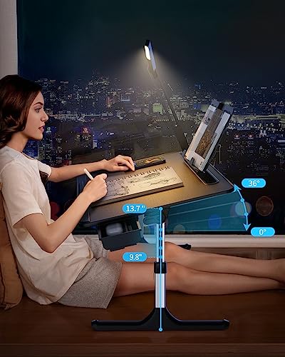 Laptop Table with LED Desk Light, SAIJI Laptop Stand for Bed | Height Adjustments Bed Desk with Book Stand for Reading Writing Drawing (Black) - color: Bed Desk /Led Light