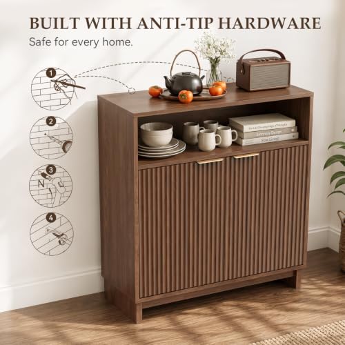 Buffet Cabinet with Storage, 31.5" Wide Kitchen Sideboard, Walnut | Mid Century Modern Wood Fluted Cabinet with Doors& Adjustable Shelves for Entryway Living Room Hallway Coffee Bar Dining Room - color: Walnut