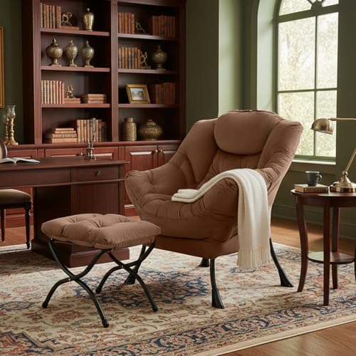 Lazy Chair with Ottoman, Comfy Reading Accent Chair, Brown | Foldable Footrest, Padded Seat and Backrest, Side Pocket for Lounging in Living Rooms, Bedrooms, Dorms and Small Spaces - color: Peach Skin Brown