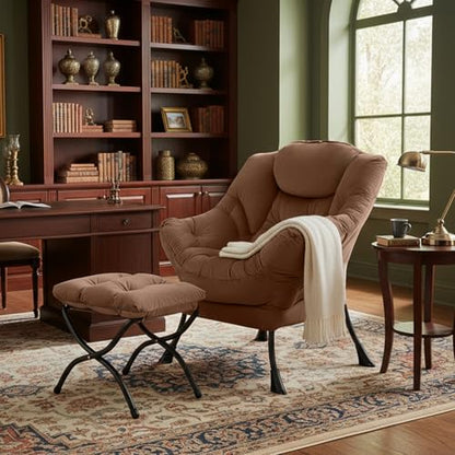 Lazy Chair with Ottoman, Comfy Reading Accent Chair, Brown | Foldable Footrest, Padded Seat and Backrest, Side Pocket for Lounging in Living Rooms, Bedrooms, Dorms and Small Spaces - color: Peach Skin Brown