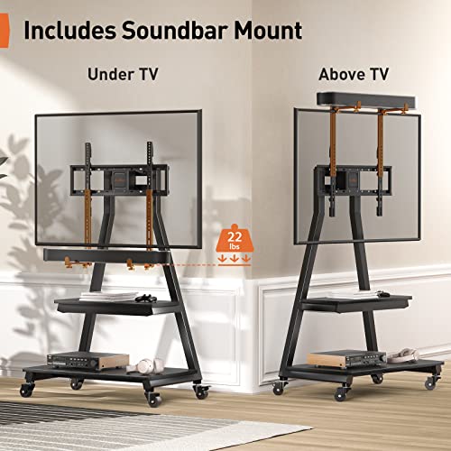 Perlegear Mobile TV Stand with Soundbar Mount, Rolling Floor TV Stand with Wheels for 43-83" TVs up to 132lbs, Mobile TV Cart with Storage Shelves, Tilt Swivel Corner TV Cart Max VESA 600x400mm