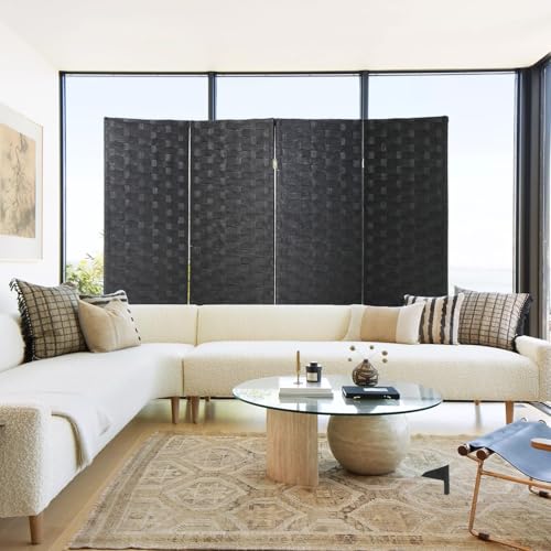 Room Divider Wall Divider 6FT 4 Panels Wood Mesh Hand-Woven Indoor Room Screen Folding Portable Partition Screen, Black - color: Black