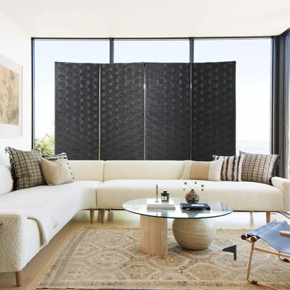 Room Divider Wall Divider 6FT 4 Panels Wood Mesh Hand-Woven Indoor Room Screen Folding Portable Partition Screen, Black - color: Black