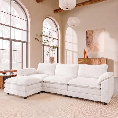 JUMMICO 118.9" L Shaped Sectional Couch, Modular Cloud Sofa, White | Comfy Chenille, Movable Ottoman, Deep Seat, Double Layer Cushion, 3 Seat, High-Density Foam, for Living Room - color: White, size: L Shaped Sofa