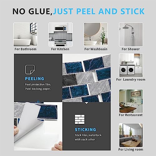 URCOLOR 10-Sheet Backsplash Tile for Kitchen Peel and Stick,12"x12" Self Adhesive Wall Tiles Stick on Back Splashes for Bathroom Blue Marble Look - color: Blue