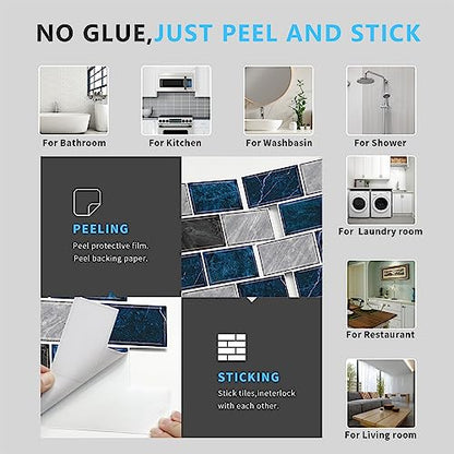 URCOLOR 10-Sheet Backsplash Tile for Kitchen Peel and Stick,12"x12" Self Adhesive Wall Tiles Stick on Back Splashes for Bathroom Blue Marble Look - color: Blue