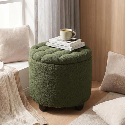 Modern Round Storage Ottoman, Upholstered Button Tufted Ottoman Footstool Ottomans with Removable Lid Storage Footstool for Living Room, Bedroom, Makeup Room, Teddy, Green - color: Green