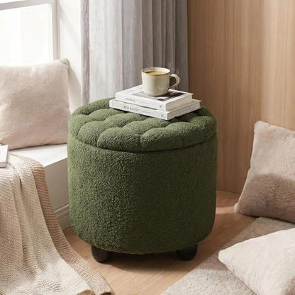Modern Round Storage Ottoman, Upholstered Button Tufted Ottoman Footstool Ottomans with Removable Lid Storage Footstool for Living Room, Bedroom, Makeup Room, Teddy, Green - color: Green