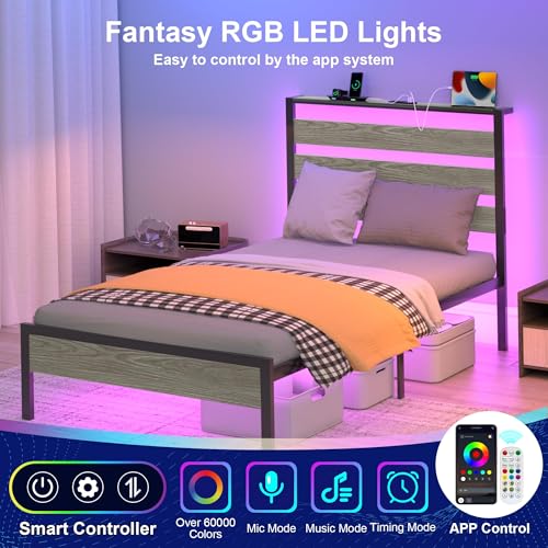 J.Fkne Twin Bed Frame with LED Lights & Charging Station, Metal Platform Bed with Headboard, Heavy Duty Metal Slats, No Box Spring Needed, Noise Free, Easy Assembly - size: Twin, style: Country