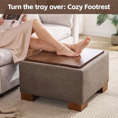 WUTUTUEE 24" Square Ottoman Coffee Table with Storage, Boucle Ottomans with Tray and Solid Wood Legs for Living Room, Bedroom and Apartments, Small Modern Ottoman Tea Table with Lift-Off Lid, Brown - color: 24'' Brown Boucle