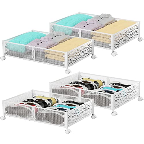 Under Bed Storage with Wheels,Patterned,Sturdy Metal,4 Pack,White | Tool-free assembly, glide smoothly, easy reach, foldable, maxmazie low-profile beds, dorm, keep seasonal clothes, shoes fresh - color: White, size: 4 Pack(15.7×23.6")