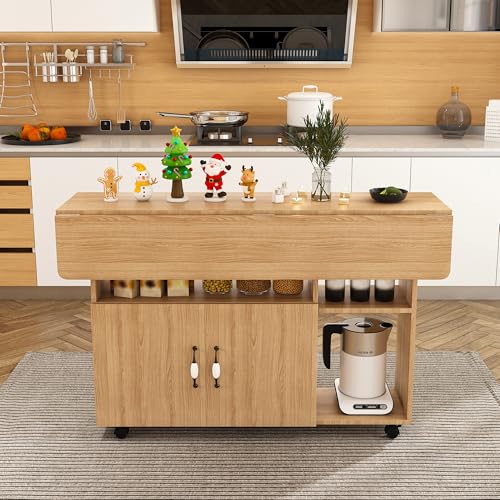 KEIKI 47 Inch Foldable Dining Table, Multi-Functional Folding Table with Storage Shelves and Wheels, Drop Leaf Extendable Dining Desk, Versatile Foldable Side Table for Kitchen, Dorm, Office, Walnut - color: Walnut
