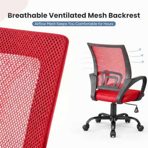 DUMOS Ergonomic Home Office Chair, Executive Mesh Desk Chair | Height Adjustable, Lumbar Support, Breathable Mid Backrest, Fixed Armrest, Rolling Wheels, Computer Gaming, Meeting, Red - color: Red