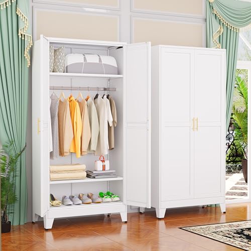 GAIOUS Metal Wardrobe Cabinet with Hanging Rod, Clothing Storage Cabinets | with 2 Doors and Adjustable Shelves, 71" Metal White Armoire Wardrobe Closet for Bedroom, Laundry Room, Cloak Room - color: No Drawer White, size: 17.71"D x 31.5"W x 71"H
