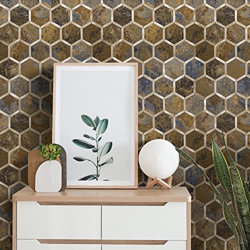 STICKGOO Hexagon Peel and Stick Backsplash Tile, Stick on Backsplash for Kitchen and Bathroom, Rust Slate Look PVC Mixed Metal Gold Self Adhesive Metal Mosaic Tiles(10 Sheets, Seamless) - color: Rust Slate with Metal Gold