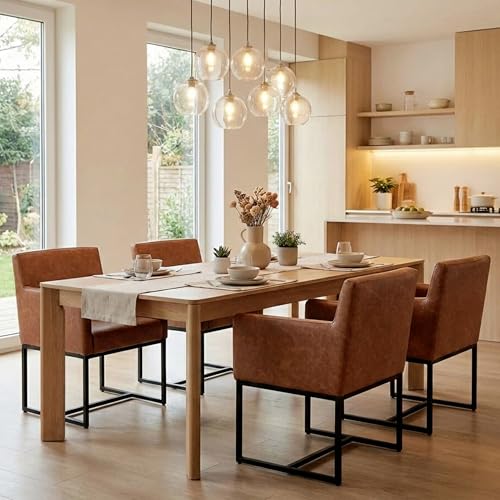 Faux Leather Upholstered Dining Chairs with Arms Set of 2, Mid Century Modern Padded Kitchen Chair with Black Metal Frame for Restaurant, Dining Room, Brown - color: Brown
