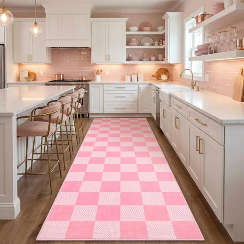 GarveeHome Checkered Pink 2x6 Washable Kitchen Runner Rug Low-Pile Entryway | Pink and White Small Area Rug for Hallway Bedroom Bathroom Non-Slip Stain Resistant Geometric Rugs TPE Backing - color: Blush Pink, size: 2' x 6' (Rectangular)