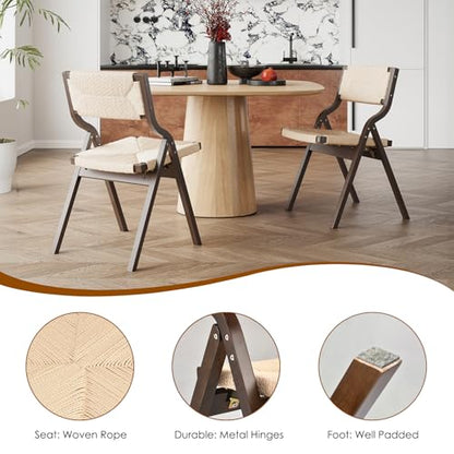 Wood Folding Chairs, Foldable Chairs Wooden Indoor Stackable Dining Chairs for Kitchen & Dining Room Chair Woven Seat & Webbing Back, Dining Chair Set of 2 - color: Light Walnut/Natural, Woven Rope