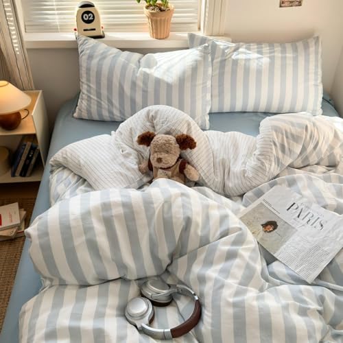 Striped Duvet Cover King Size Blue White Stripes Reversible Bedding Set Vertical Striped Duvet Cover Set Soft Lightweight Microfiber Quilt Cover with Zipper Closure and 2 Pillowcases - color: Blue White Striped, size: King(No Comforter)