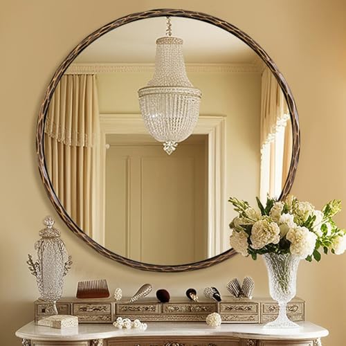 Hand-Forged Bronze Round Bathroom Mirror, 30 Inch Antique Oil Rubbed Bronze Circular Mirror, Solid Steel Hammered Rounded Mirrors for Wall Decor, Vanity, Washroom, Entry, Fireplace - color: Bronze, size: 30"L x 30"W