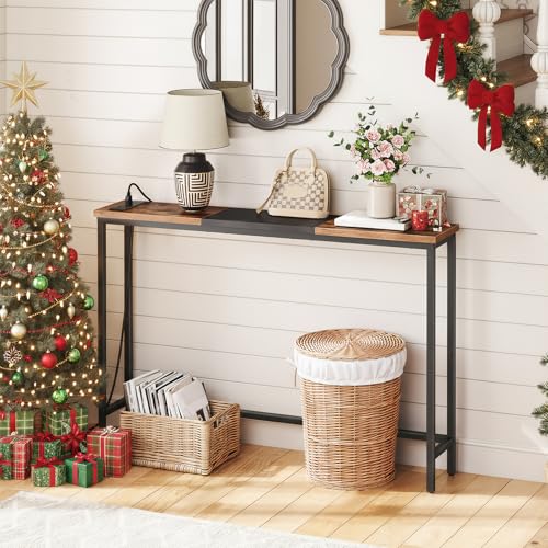HOOBRO Narrow Console Table with Power Outlets, 44.9 Inches Sofa Table, Slim Behind Couch Table, Entryway Table with Display Shelf, for Living Room, Foyer, Hallway, Rustic Brown and Black BF114UXG01 - color: Rustic Brown + Black