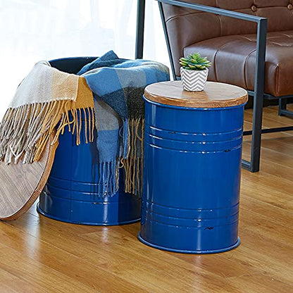 Glitzhome Rustic Storage Ottoman Seat Stool, Farmhouse Nesting End Table, Galvanized Barrel Metal Accent Side Table Toy Box Bin with Round Wood Lid for Living Room, Set of 2, Navy Blue - color: Navy Blue