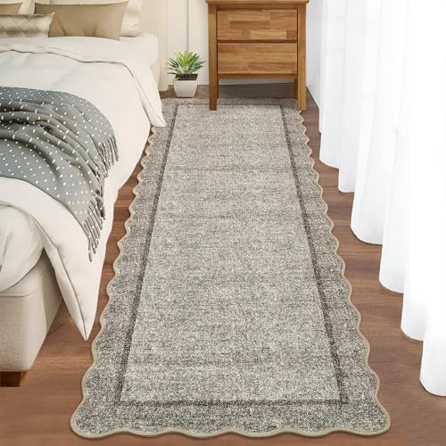 GarveeHome Scalloped Washable Runner Rug 2x8 Modern Non Slip Kitchen Runner | Distressed Low Pile Entryway Rug Soft Bathroom Rugs Stain Resistant Carpet for Bedroom Hallway Laundry 2'x8' Brown - color: Brown, size: 2' x 8' (Runner)
