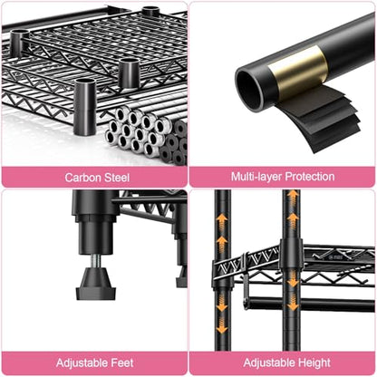 M MZG Heavy Duty Rolling Garment Rack 3 Tiers Adjustable Wire Shelving Clothes Rack with 3 Rods and Side Hooks,Storage Closet Clothing Rack Black 15.7" D x 43.3" W x 76.5" H - color: Black, size: 2 composition 15.7"D x 43.3"W x 76.5"H