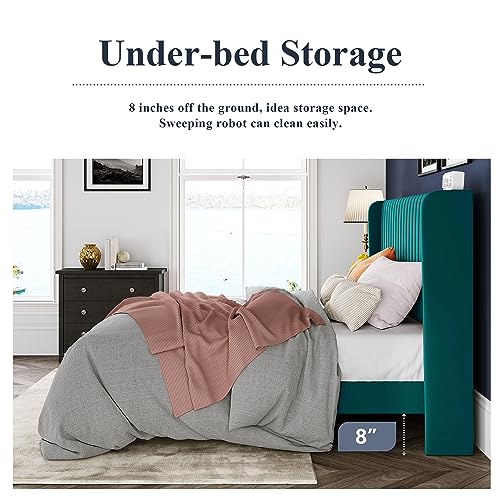 Allewie Full Size Bed Frame/Velvet Upholstered Platform Bed/Vertical Channel Tufted Wingback Headboard/Strong Wooden Slats/No Box Spring Needed/Easy Assembly/Teal - color: Teal, size: Full