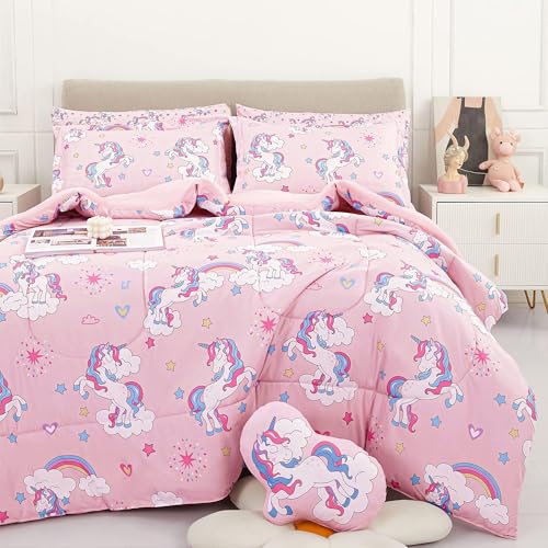 Kids Full Comforter Sets for Girls 8 Pieces Pink Unicorn Bedding Set for Teens Soft Microfiber Kids Bed in A Bag with Comforter, Sheet Set, Shams and Decorative Toy Pillow All Season - color: Pink Unicorn, size: Full