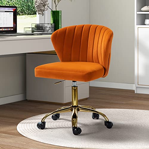 TINA'S HOME Office Desk Chairs with Wheels & Gold Base, Modern Velvet Cute Armless Office Chair, Adjustable Low Back Swivel Rolling Chair, Upholstered Task Chair for Living Room Vanity Study-Orange | Modern Velvet Cute Armless Office Chair, Adjustable Low