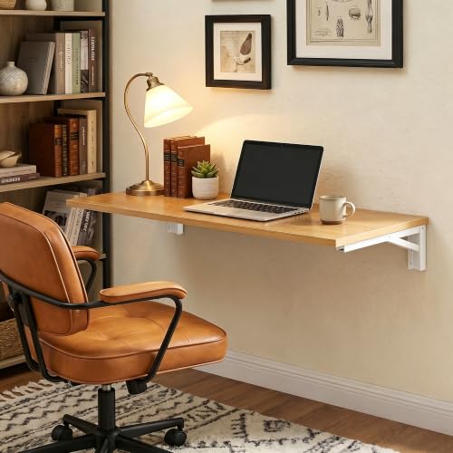 Need 47x20IN Wall Mounted Folding Table for Office Laundry Teak | White Frame Fold Down Wall Mount Desk Folding Wall Table for Small Apartment, Garage&Ironing Station - color: Teak Color Desktop & Warm White Folding Brackets, size: L47.2" * W20"