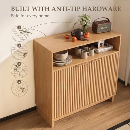 Buffet Cabinet with Storage, 31.5" Wide Kitchen Sideboard Cabinet | Mid Century Modern Wood Fluted Cabinet with Doors& Adjustable Shelves for Entryway Living Room Hallway Coffee Bar Dining Room - color: Natural Oak