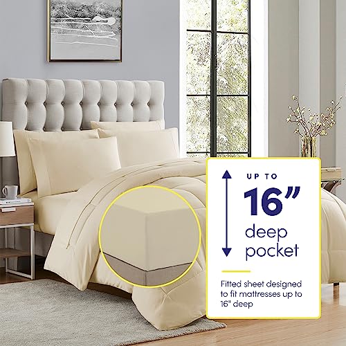 Sweet Home Collection 7 Piece Comforter Set Bag Solid Color All Season Soft Down Alternative Blanket & Luxurious Microfiber Bed Sheets, Beige, Full - color: Beige, size: Full