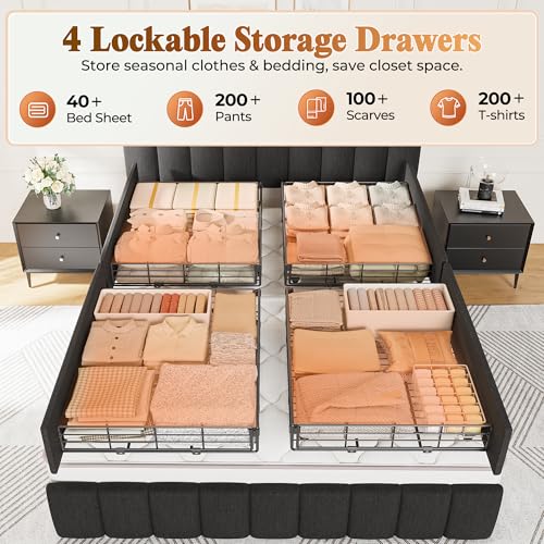 Bed Frame Queen Size with Upholstered Headboard & Charging Station, Queen Bed Frame with 4 Storage Drawers, 2-Tier Open Shelves, No Box Spring Needed, Slient Foam Strip, Easy Assembly, Black - color: Rustic Brown and Black, size: Queen