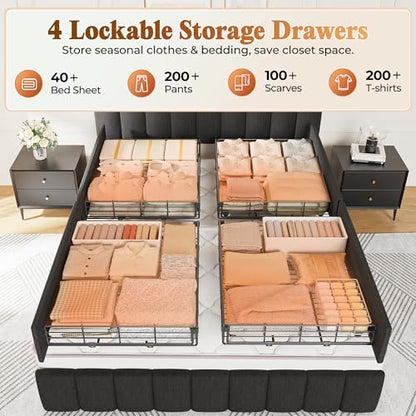Bed Frame Queen Size with Upholstered Headboard & Charging Station, Queen Bed Frame with 4 Storage Drawers, 2-Tier Open Shelves, No Box Spring Needed, Slient Foam Strip, Easy Assembly, Black - color: Rustic Brown and Black, size: Queen