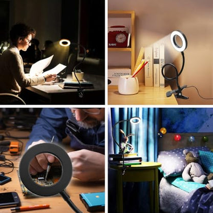 5X Magnifying Glass with Light, 3 Color Modes LED Desk Lamp, Clip on Lamp Lighted Magnifier, 360° Flexible Neck Magnifying Lamp for Workbench Craft Repair Sewing, USB Powered(Color:Black)