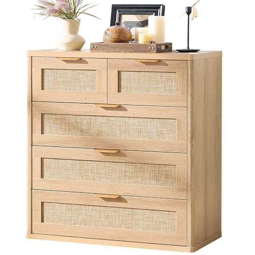 LEYAOYAO Rattan Dresser for Bedroom, 33.5" Small Chest of Drawers | Gold Metal Handle, Modern 5 Drawers Boho Dressers with Storage for Living Room, Hallway - color: Natural Wood, size: 15.5"D x 31.5"W x 33.5"H (5 Drawers)