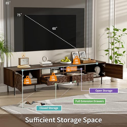 Modern TV Stand 78 inch for TVs up to 85 inch, Large Media Console with 3D Diamond Pattern and Cable Management for Living Room, Wood Entertainment Center with Soft-Closing Hinges, Dark Brown - color: Dark Brown-g